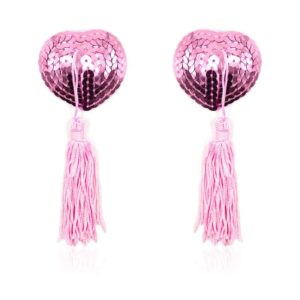 Self-Adhesive Heart Sequin Nipple Cover with Tassel Pink