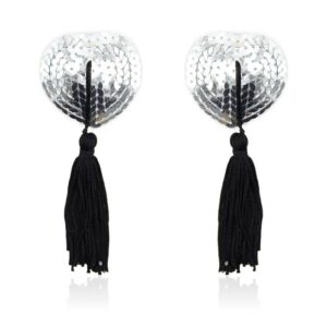 Self-Adhesive Heart Sequin Nipple Cover with Tassel Silver/Black