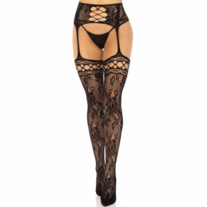 LEG AVENUE - FLORAL LACE GARTER STOCKINGS BLACK