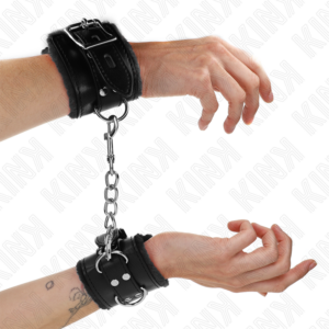 KINK - FUR LINED WRIST RESTRAINTS BLACK WITH BLACK BELT ADJUSTABLE 17-29 CM X 6 CM